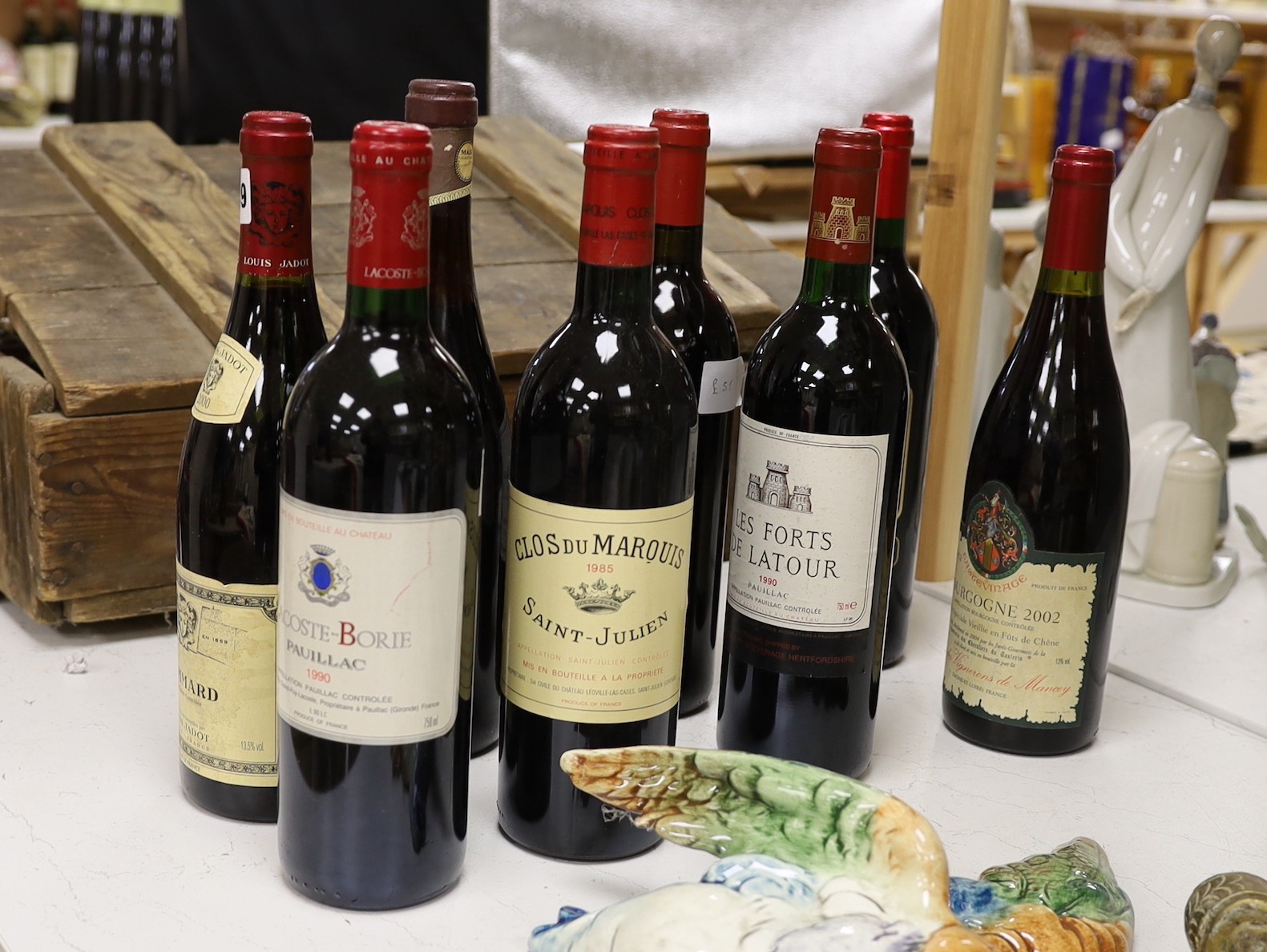 8 bottles of various red wines - Lacoste-Borie Pauillac 1990, Louis Jadot Pommard 2000, Clos Du Marquis Saint-Julien 1985, Masi Amarone 1978, Chateau Haut Bailly 1994, Les Forts De Latour 1990, Bourgogne 2002 and Mähler-